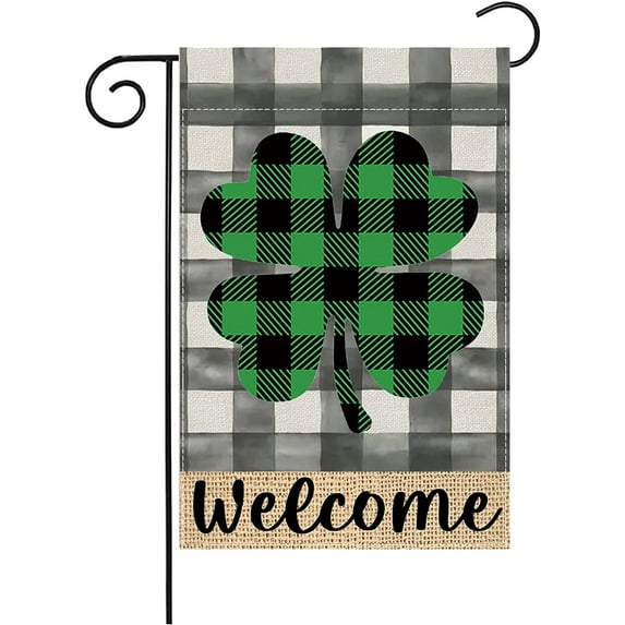 Newhomestyle St Patricks Day Garden Flag Welcome Shamrock Buffalo Plaid Lucky Clover 12×18 Inch Garden Outdoor Decorations