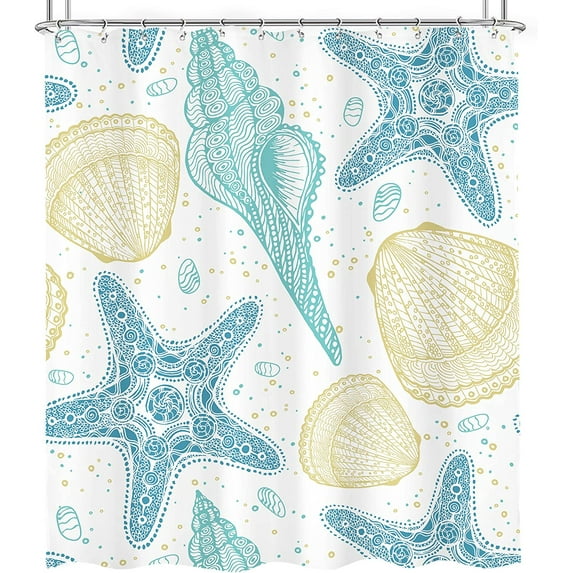 Newhomestyle Starfish Seashell Theme Shower Curtain 72x72 Inch Lovely Blue Nautical Coastal Beach Undersea Life with 12 Plastic Hooks Decor