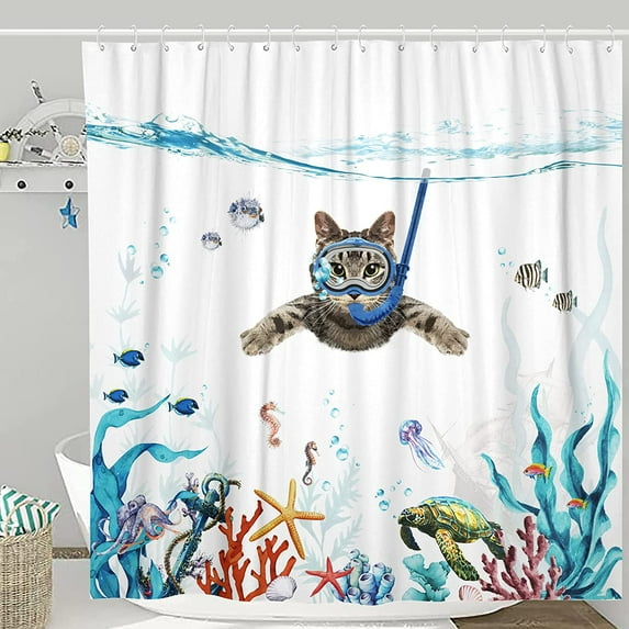 Newhomestyle Teal Blue Funny Cat Shower Curtain Waterproof Polyester for Bathroom Decor, 72" x 72"