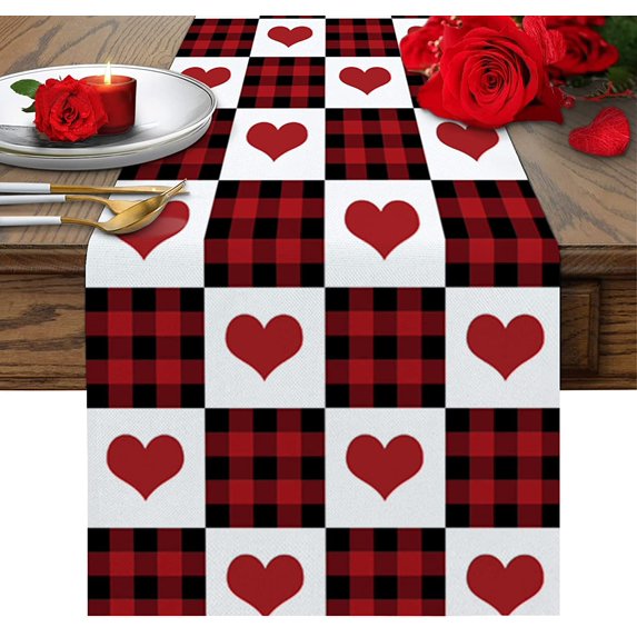 Newhomestyle Valentine's Day Red Plaid Table Runner 13 x 72 inch Valentine Red Black Buffalo Check Plaid Love Heart Table Runner Non-Slip Dresser Scarves