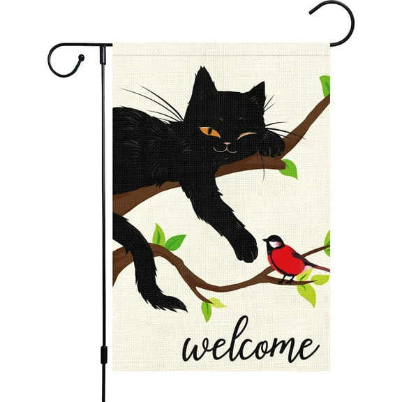 Newhomestyle Welcome Spring Garden Flag 12x18 Double Sided, Burlap Small Black Cat Garden Yard Flags for Seasonal Outside Outdoor House Decoration