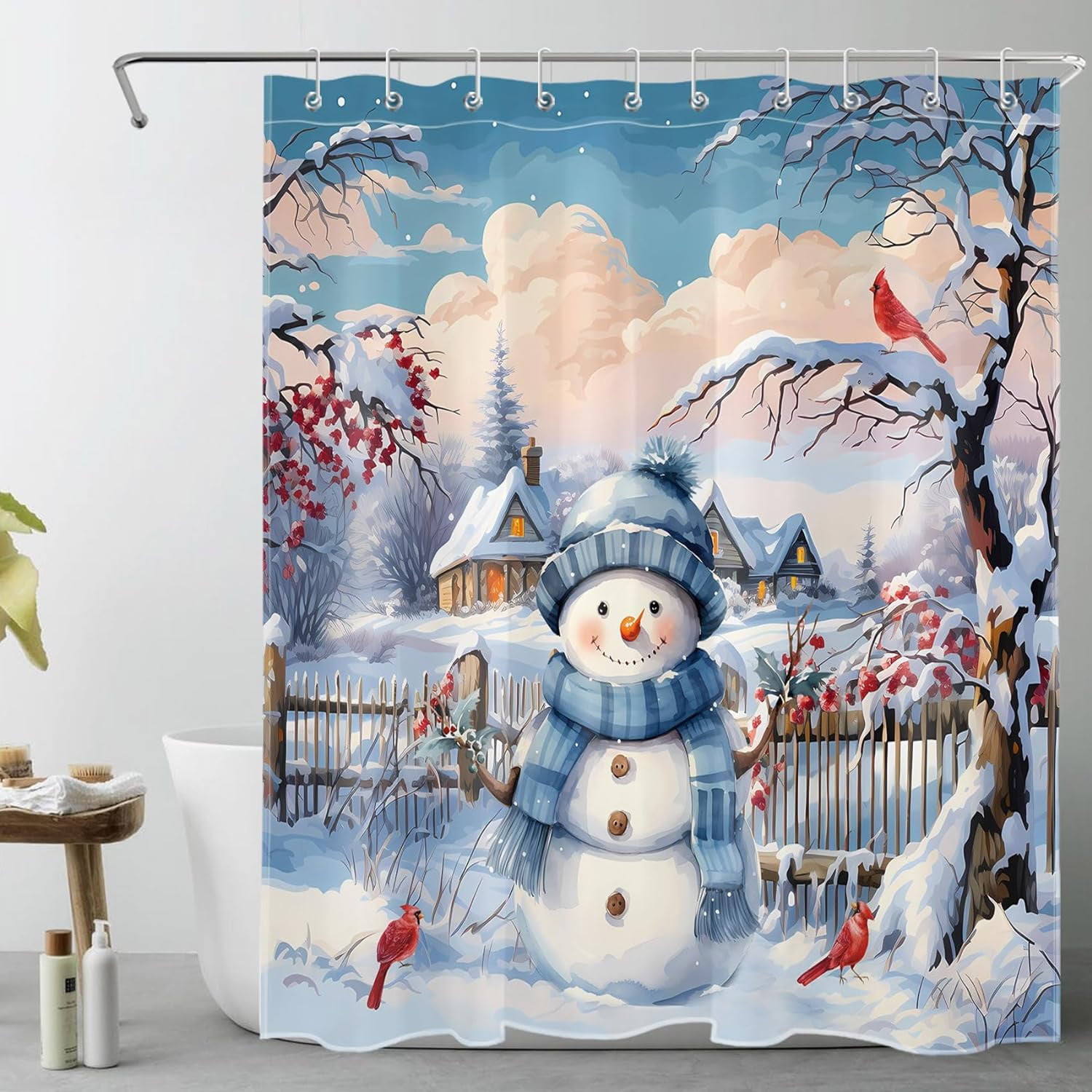 Christmas Snowman Shower Curtain - Winter Holiday Theme With Snowflakes, Waterproof Polyester, 72x84 Inches, Kids Bathroom Decor