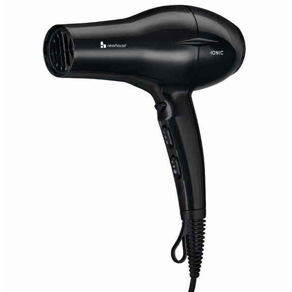 Newhouse 125V 1875W Black Ionic Tourmaline Hair Dryer with Hanging Loop NHHD-001-BLK, 2 Speeds, 3 Heat Settings for Professional and Home Use, Hair Blow Dryer with Cold Shot Function