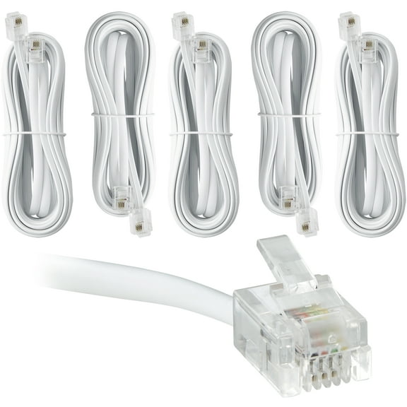 Newhouse Hardware 15 ft Telephone Extension Cord, With RJ11 (6P4C) Connectors, Works with Telephones, Fax Machines, Modems, 5-Pack, White