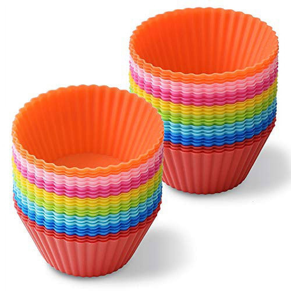 IPOW 24 Pack Silicone Cupcake Baking Cups Reusable Food-Grade BPA Free  Non-Stick Muffin Liners Molds Sets, 2 Shapes Round Rectangle