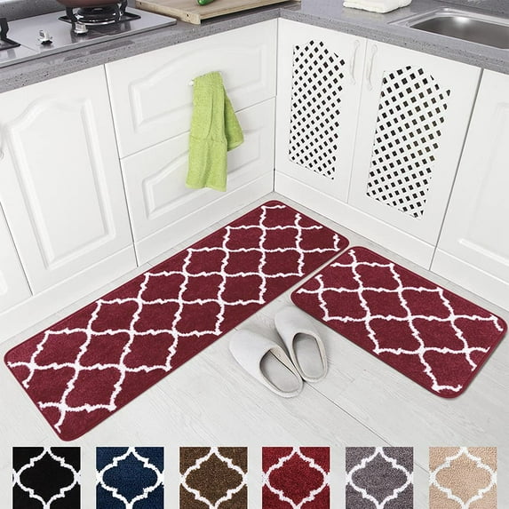 Newlake 2 Piece Microfiber Kitchen Rug Set Moroccan Trellis Non-Slip Soft Bathroom Rugs (Red, 20"x63"+20"x31")