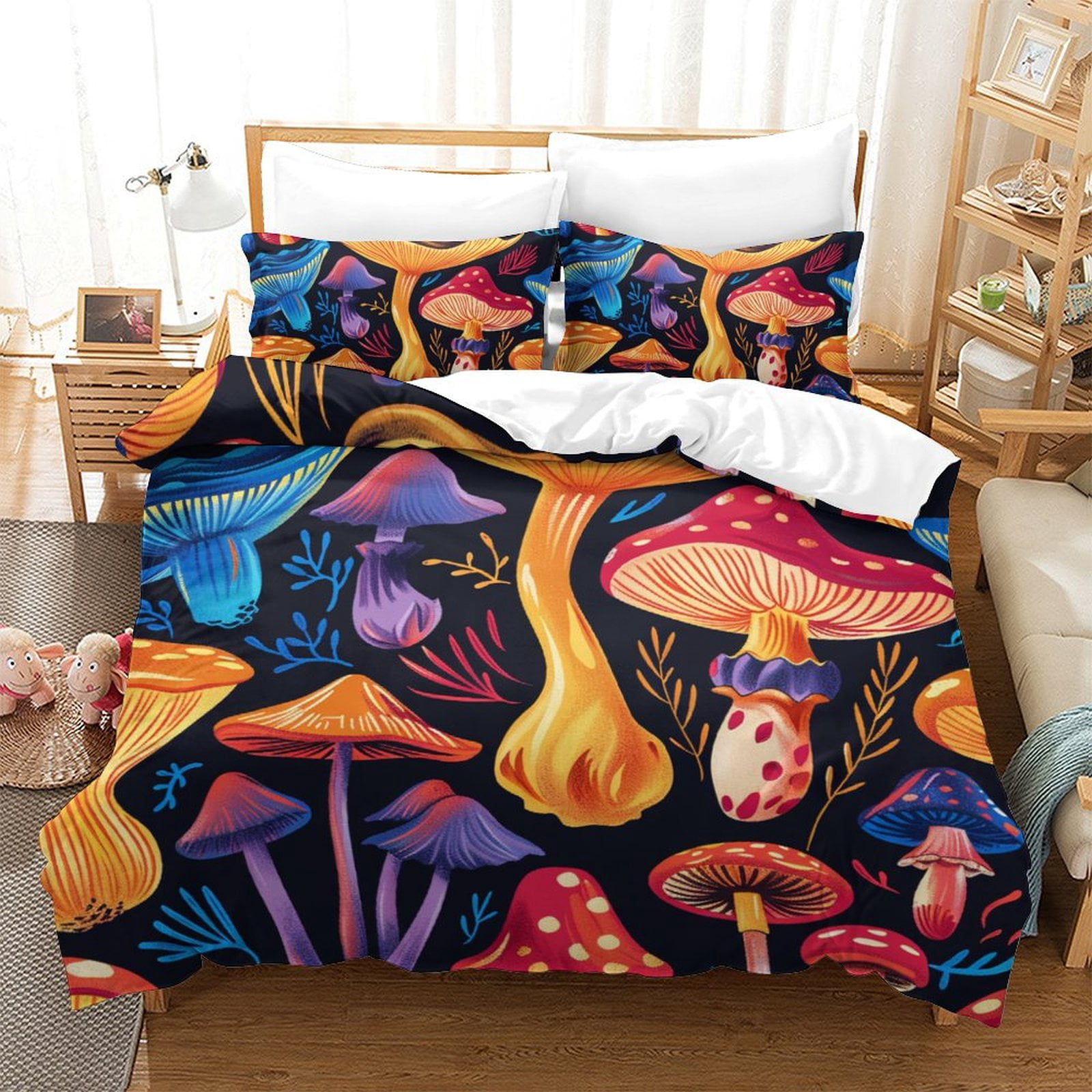 Manfei Cartoon Fox Twin Comforter Set - Mushroom & Animal Print Bedding, Includes Comforter & 1 Pillowcase