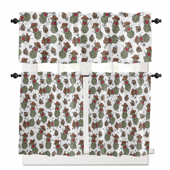 Christmas Cactus Kitchen Curtains and Valances Set, Western Cowboy Hat Cow Pattern Snowflake Rod Pocket Window Valance Window Curtain Panels for Living Room Bedroom Laundry, 27.5x24in, 3 Pieces