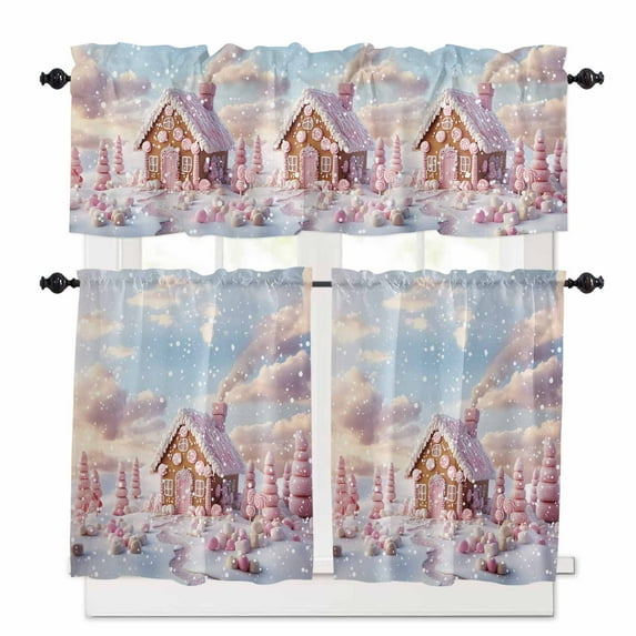 Christmas Candy House Tree Kitchen Curtains and Valances Set, Gingerbread Marshmallow Winter Snow Pink Rod Pocket Window Valance Window Curtain Panels for Living Room Bedroom, 27.5x24in, 3 Pieces