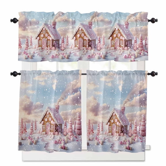 Christmas Candy House Tree Kitchen Curtains and Valances Set, Gingerbread Marshmallow Winter Snow Pink Rod Pocket Window Valance Window Curtain Panels for Living Room Bedroom, 27.5x24in, 3 Pieces