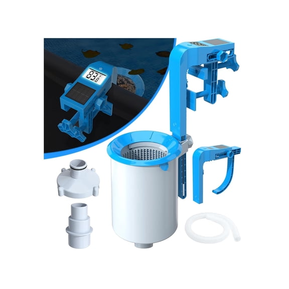 Newly Above Ground Pool Skimmer with Solar Digital Thermometer, Wall Mount Surface Skimmer with Adjustable Height Bracket, Auto Skimming for Pool Surface Floating Leaves & Debris -Blue