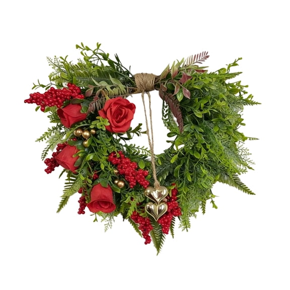 Newly Launched! Farmhouse Valentine Heart Wreath Artificial Red Roses Berry Decorations Holiday Hanging Ornament - Long-Lasting No-Maintenance Photo Wall Focal Point Decor