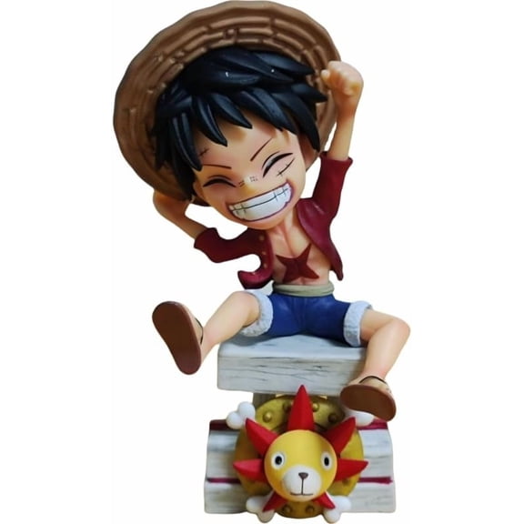 Newly Luffy Figure Sitting Q Version Hat Monkey D. Luffy Anime Figures 16cm/6.3inch Handmade PVC Cartoon Character Model Decoration Craft Gift