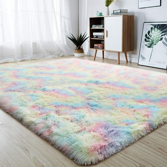 Newly Rainbow Rugs for Girls Bedroom Fluffy - Luxury Soft Area Rug Cute Floor Carpets - Shaggy Geometric Design Rugs for Child Baby Living Room Home Decor