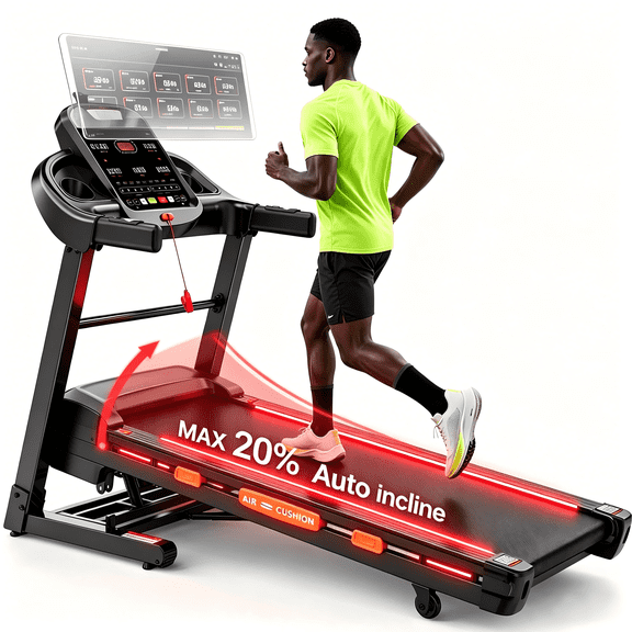 Foldable Treadmill for Home, Equipped with 20-Level Auto Incline & 12 MPH Max Speed, 400 LBS Weight Capacity, Wide Running Belt, Multifunctional Display with Bluetooth and Step Counter
