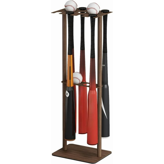 Newly Upgraded Deep Walnut Painted Baseball Bat Holder Stand Metal Free Standing, for Baseball 8 Bats 5 Balls Storage Display