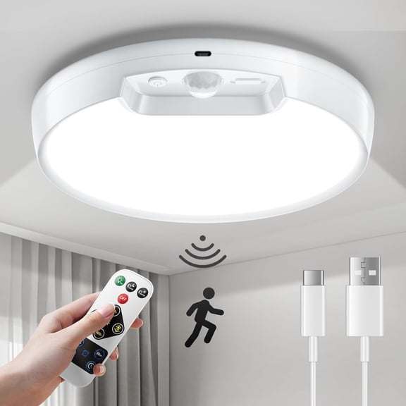 Newly Upgraded Rechargeable Ceiling Light - 8000mAh -Operated  Motion Sensor Ceiling Light with Remote for Closet, Shower, Shed, Hallway, Porch, Stairs (6000K Cool White)