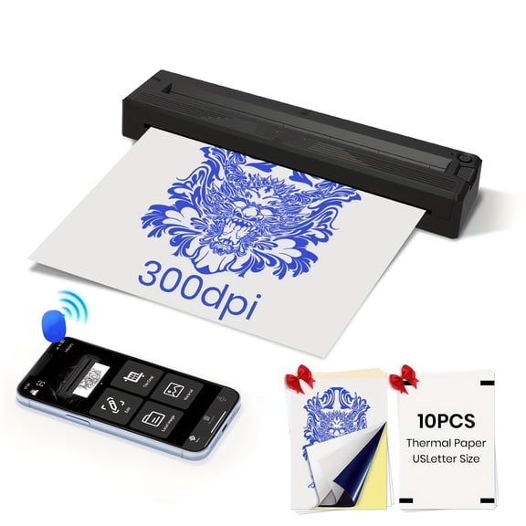 Newly Upgraded Tattoo Stencil Printer - Wireless Bluetooth Inkless Thermal Printer, Compatible with Phone/PC/Pad, 3pcs Transfer Paper +10 Thermal Paper for Artists & Beginners