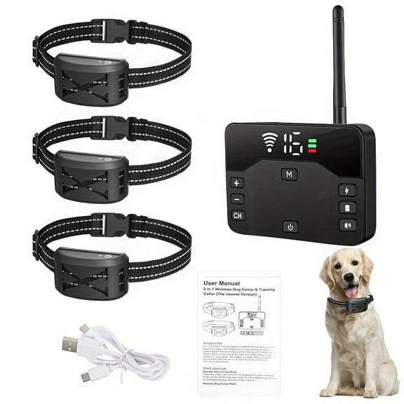Newly Upgraded Wireless Dog Fence System with 9-Level Remote Control for Three Dog Leashes, Electric Dog Fence And Training Collar, Adjustable Wireless Dog Boundary Containment System Suitable for Sm