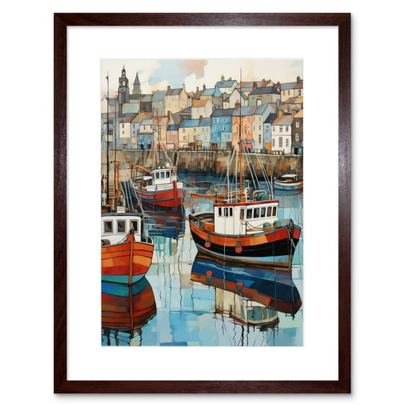 Newlyn Harbour Trawler Boats Promenade Watercolour Painting Cornwall Coastal Townscape Artwork Framed Wall Art Print 9X7 Inch