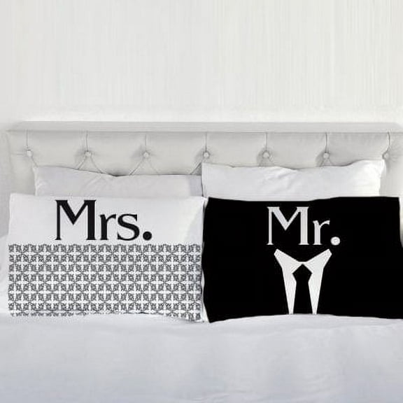 Newlywed Set of Dye Transfer Pillow Cases "Mr. and Mrs", Breathable Fabric, Great Gift for Couples, Fits Standard and Queen Sized Pillows