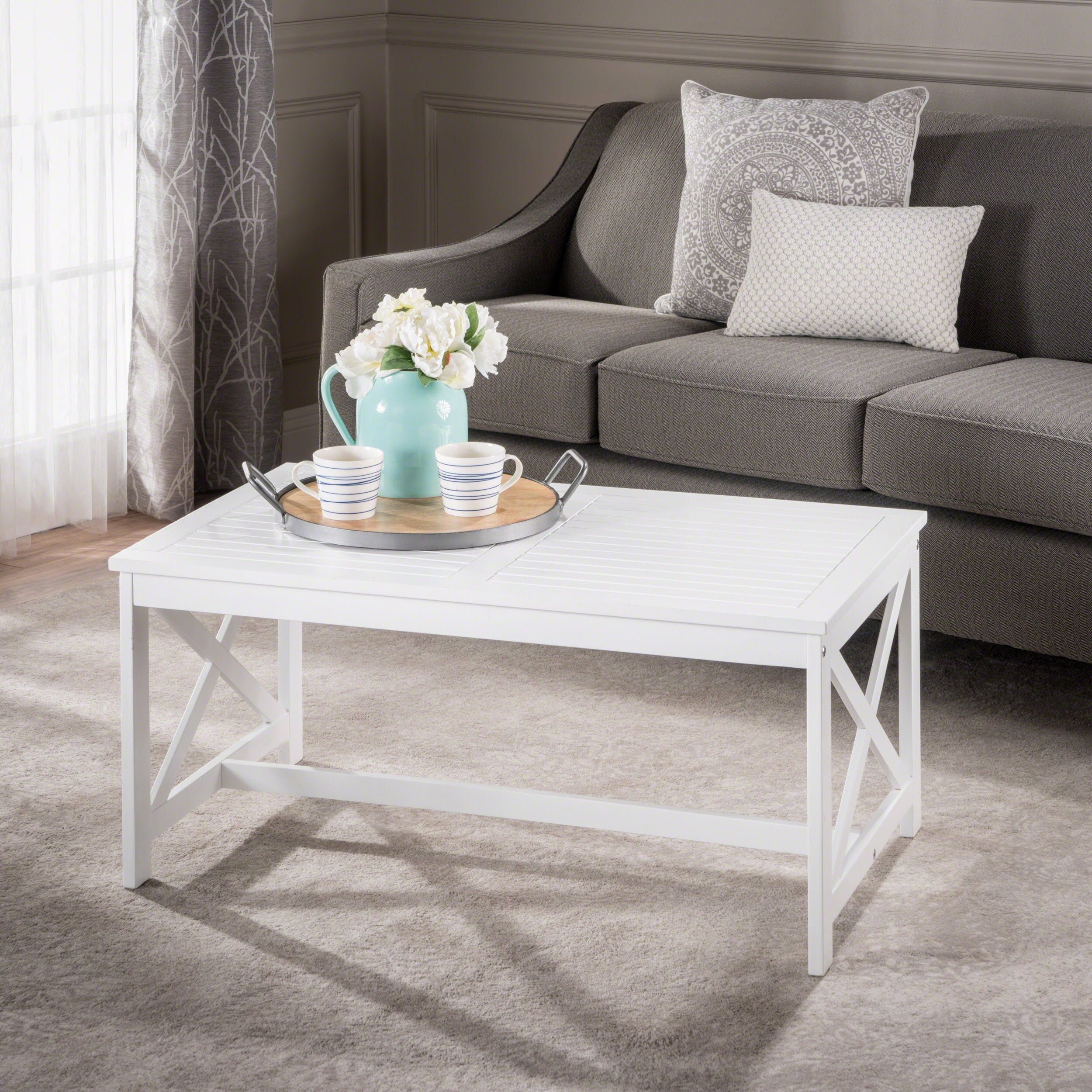 Newman Indoor Farmhouse Acacia Wood Coffee Table, White