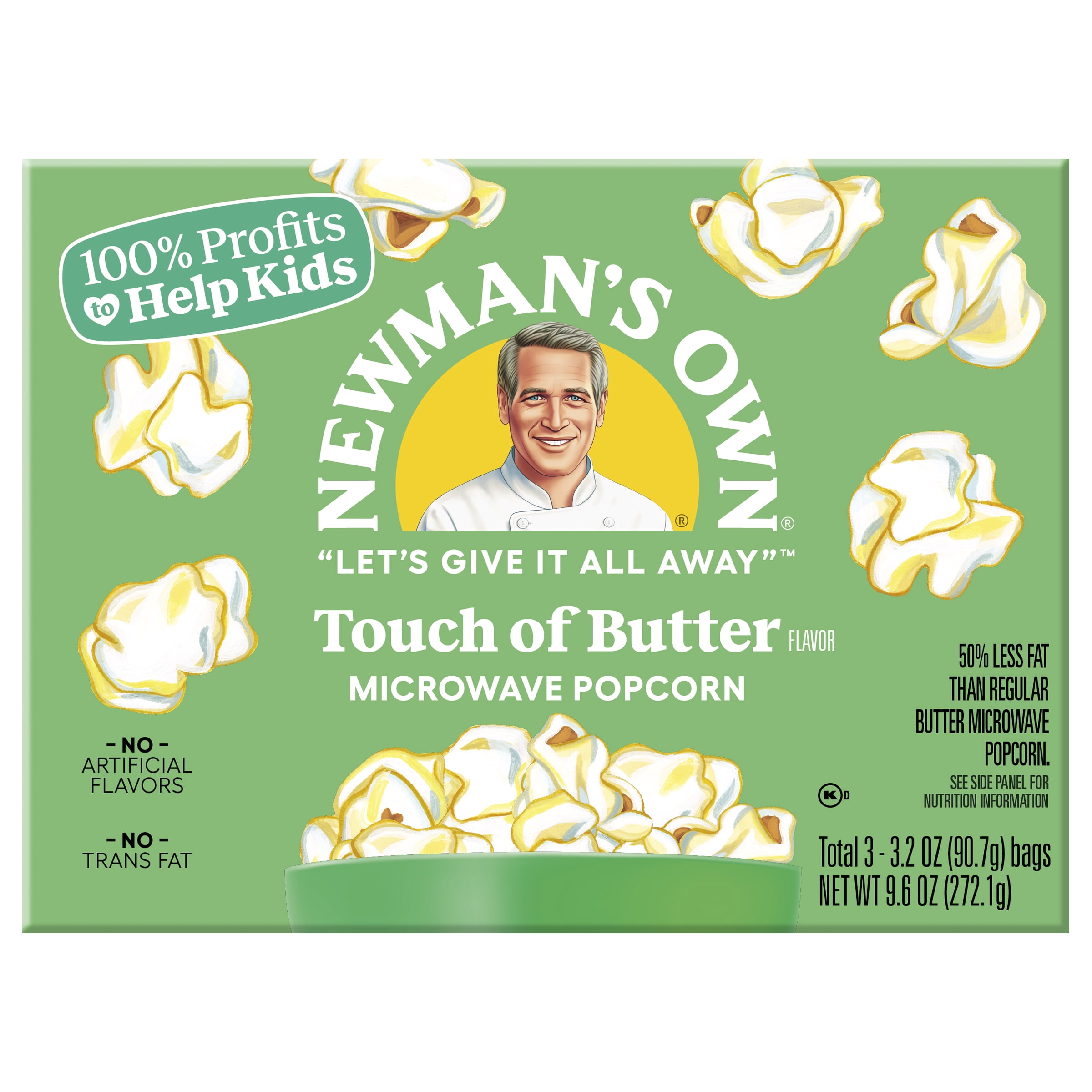 Newman's Own Microwave Popcorn - Touch of Butter | Kosher | Made with Whole Grain Popcorn | No Artificial Flavors | No Trans Fats | 3.2 oz Bag, 3 Bags Per Box (12 Boxes, 36 Bags Total)