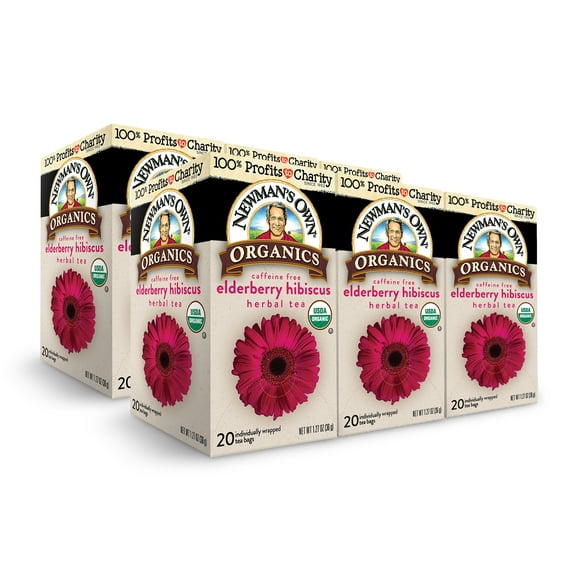 Newman's Own Organic Elderberry Hibiscus Tea Containing Healthy Antioxidants with 20 Individually Wrapped Tea Bags Per Box (Pack of 6) USDA Certified Caffeine Free Brew Hot
