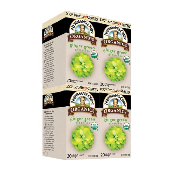 Newman's Own Organic Ginger Green Tea Helps Support Weight Loss and Digestive Health, Green Tea with 20 Individually Wrapped Tea Bags Per Box (Pack of 4) USDA Certified Contains Caffeine Brew Hot