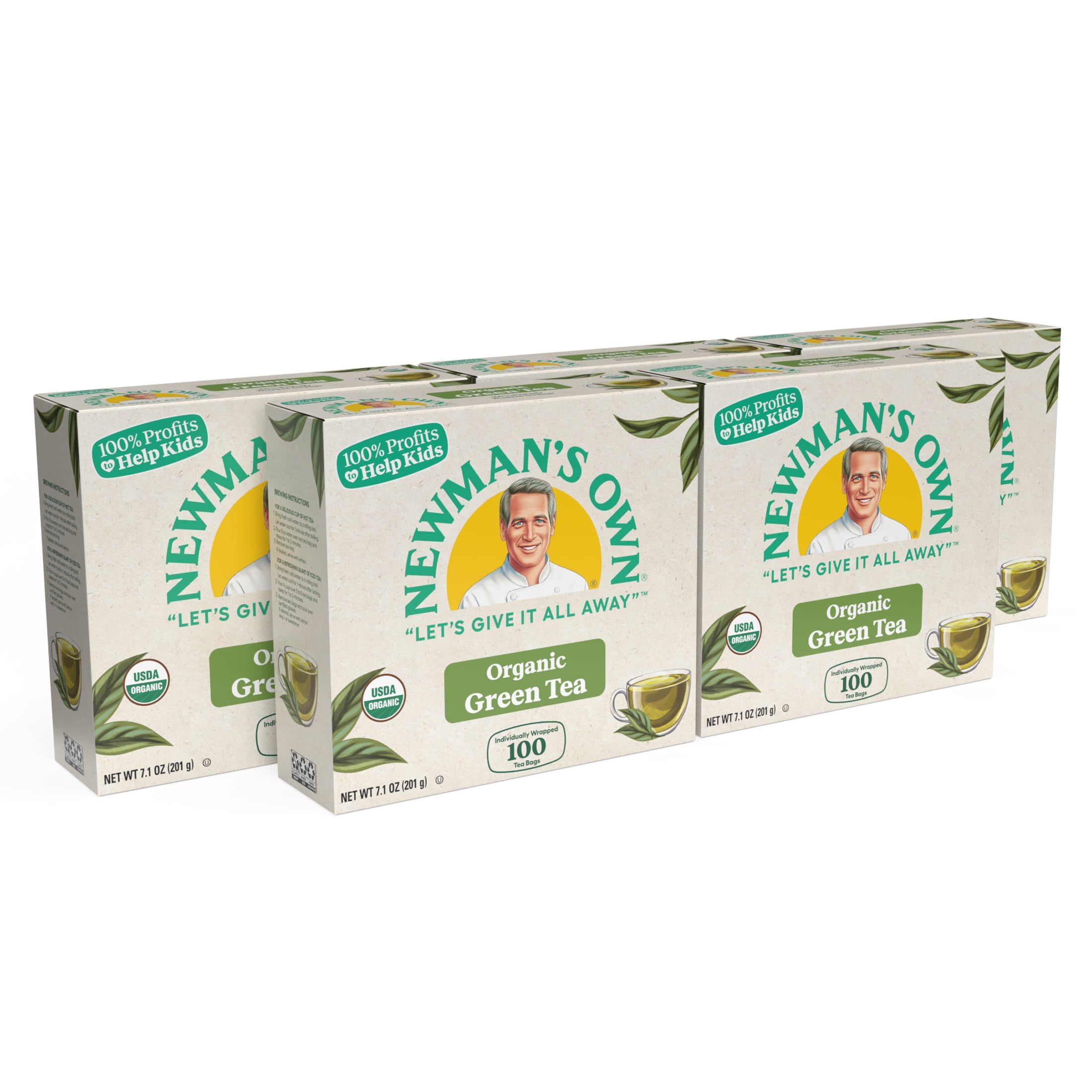 Newman's Own Organic Green Tea, Green Tea with 100 Individually Wrapped Tea Bags Per Box (Pack of 5) USDA Certified Organic Contains Caffeine Brew Hot