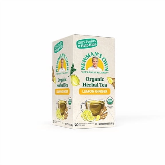 Newman's Own Organic Lemon Ginger Herbal Tea with Rooibos Tea with Organic Ginger 20 Individually Wrapped Tea Bags USDA Certified and Kosher Caffeine-Free