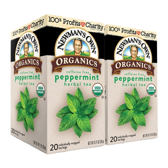 Newman's Own Organic Peppermint Tea Caffeine Free Refreshing Mint Herbal Tea That May Aid Digestion with 20 Individually Wrapped Tea Bags Per Box (Pack of 2) USDA Certified