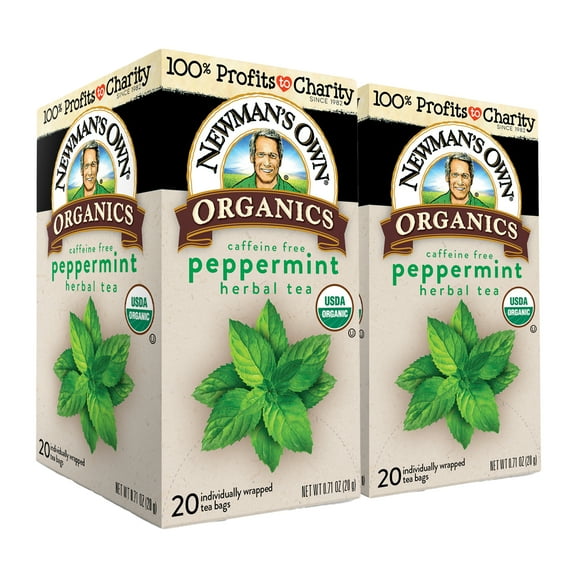 Newman's Own Organic Peppermint Tea Caffeine Free Refreshing Mint Herbal Tea That May Aid Digestion with 20 Individually Wrapped Tea Bags Per Box (Pack of 2) USDA Certified