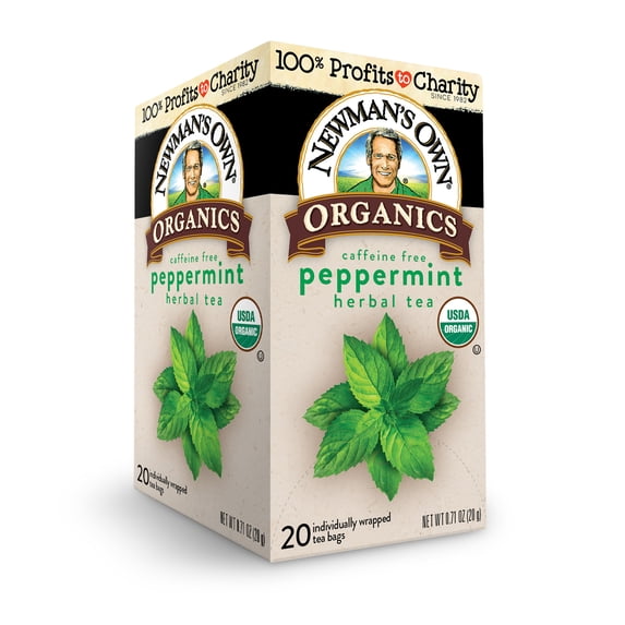 Newman's Own Organic Peppermint Tea Caffeine Free Refreshing Mint Herbal Tea That May Aid Digestion with 20 Individually Wrapped Tea Bags Per Box USDA Certified