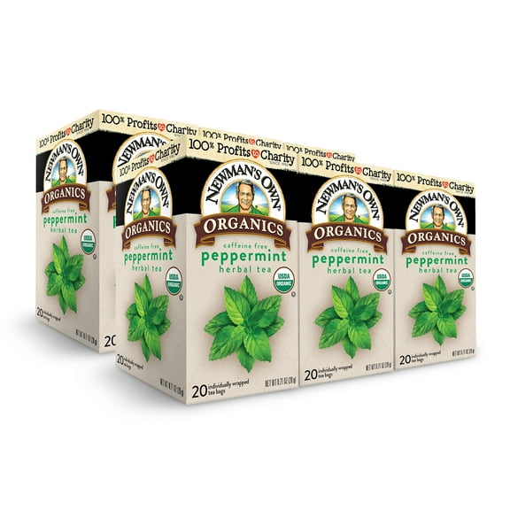 Newman's Own Organic Peppermint Tea Caffeine Free Refreshing Mint Herbal Tea Supports Digestion with 20 Individually Wrapped Tea Bags Per Box (Pack of 6) USDA Certified Brew Hot/Cold