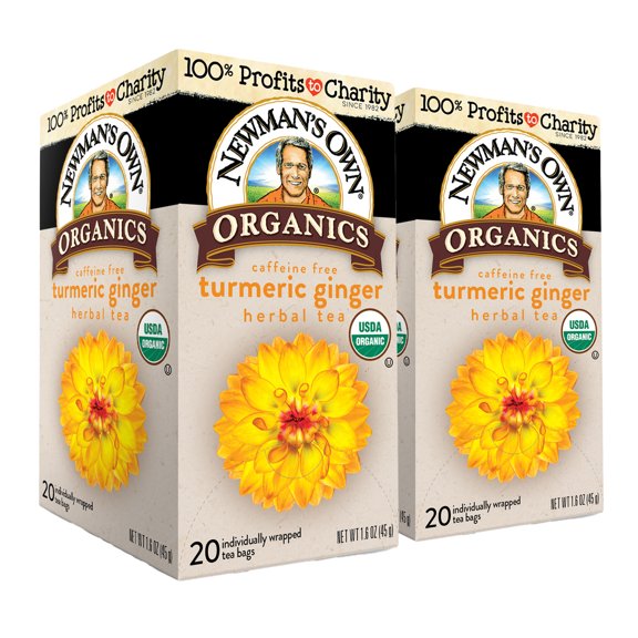 Newman’s Own Organic Turmeric Ginger Herbal Tea Caffeine-Free May Aid Digestion and Boost Immunity Turmeric Tea with 20 Individually Wrapped Tea Bags Per Box (Pack of 2) USDA Certified