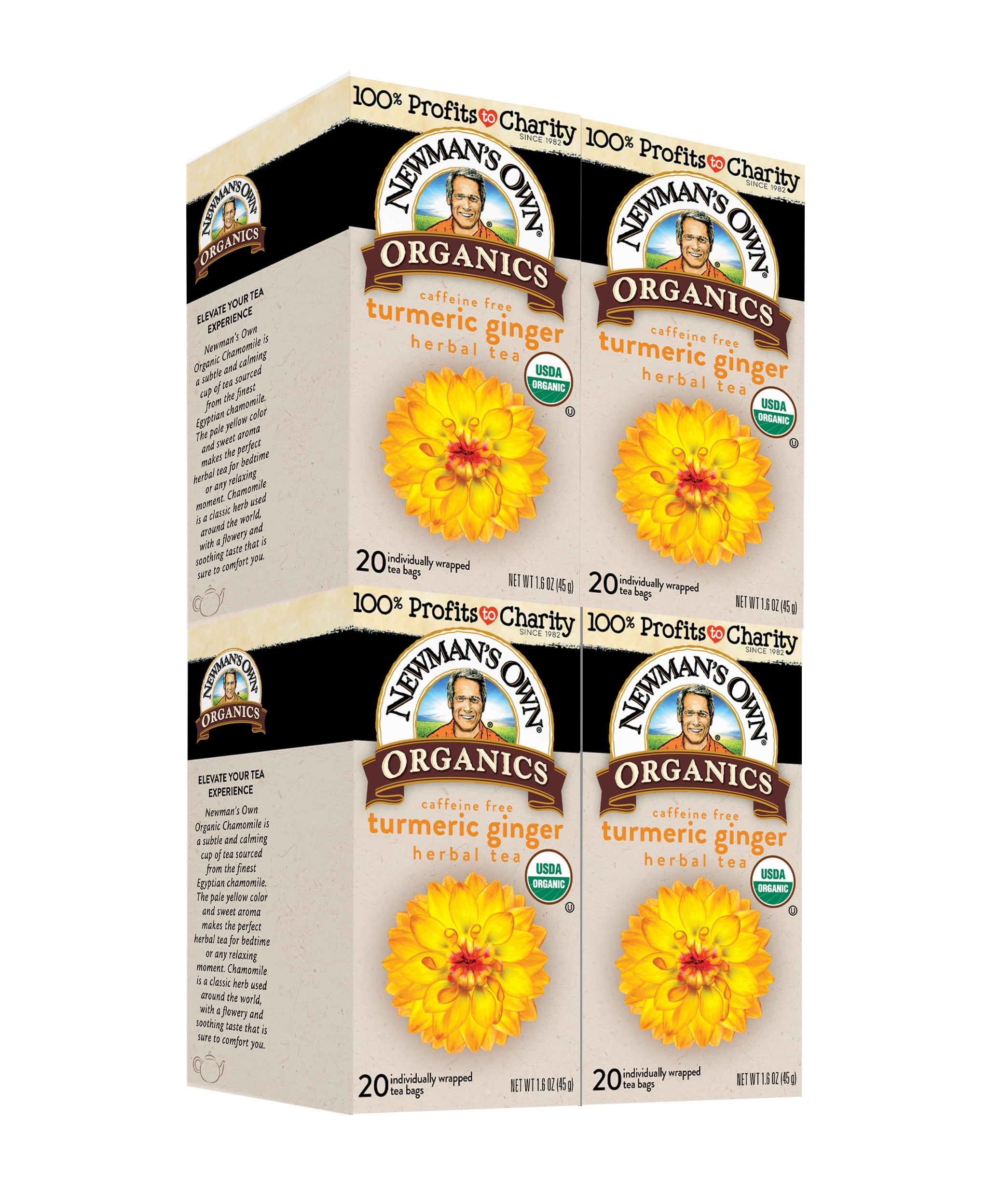 Newman’s Own Organic Turmeric Ginger Herbal Tea Caffeine-Free May Aid Digestion and Boost Immunity Turmeric Tea with 20 Individually Wrapped Tea Bags Per Box (Pack of 4) USDA Certified
