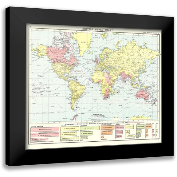 Newnes 13x12 Black Modern Framed Museum Art Print Titled - British Naval Chart Global - Newnes 1907