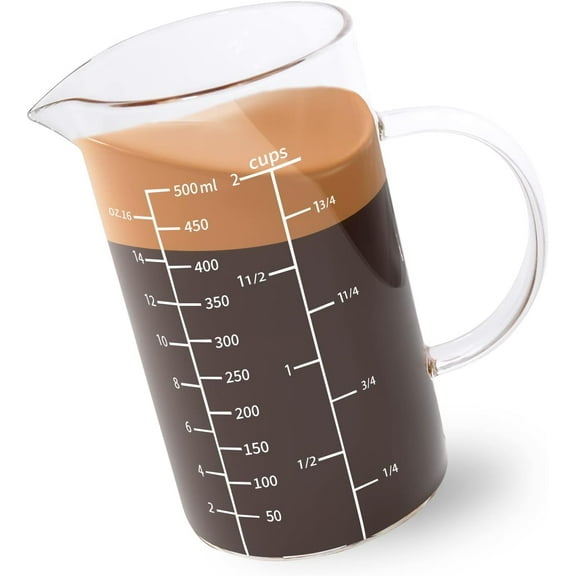 Newness Glass Measuring Cup with Handle, 500 ML (0.5 Liter, 2 Cup) Measuring Cup with Three Scales (OZ, Cup, ML/CC) and V-Shaped Spout, Measuring Beaker for Kitchen or Restaurant, Easy to Read