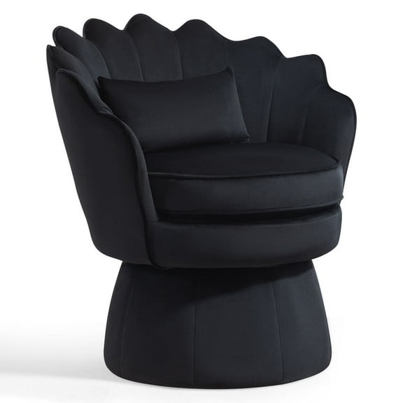 Newnno 360° Swivel Accent Chairs, Mid-Century Modern Velvet Barrel Chair, Comfy Shell Shape Arm Chair with Lumbar Pillow for Living Room, Bedroom, Office, Black