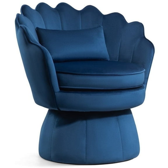 Newnno 360° Swivel Accent Chairs, Mid-Century Modern Velvet Barrel Chair, Comfy Shell Shape Arm Chair with Lumbar Pillow for Living Room, Bedroom, Office, Dark Blue