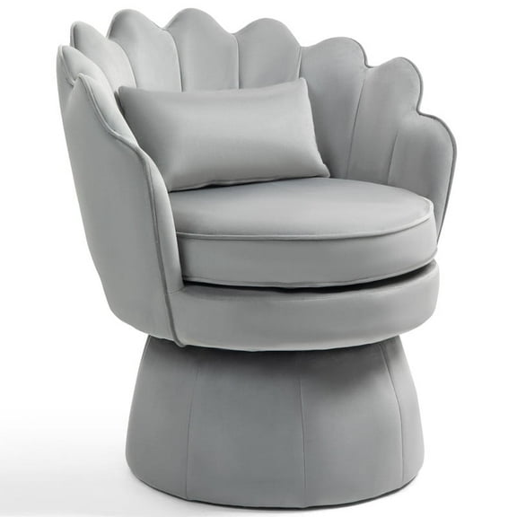 Newnno 360° Swivel Accent Chairs, Mid-Century Modern Velvet Barrel Chair, Comfy Shell Shape Arm Chair with Lumbar Pillow for Living Room, Bedroom, Office, Gray