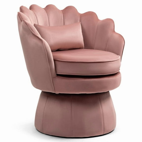 Newnno 360° Swivel Accent Chairs, Mid-Century Modern Velvet Barrel Chair, Comfy Shell Shape Arm Chair with Lumbar Pillow for Living Room, Bedroom, Office, Pink