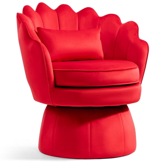 Newnno 360° Swivel Accent Chairs, Mid-Century Modern Velvet Barrel Chair, Comfy Shell Shape Arm Chair with Lumbar Pillow for Living Room, Bedroom, Office, Red