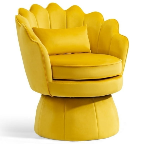 Newnno 360° Swivel Accent Chairs, Mid-Century Modern Velvet Barrel Chair, Comfy Shell Shape Arm Chair with Lumbar Pillow for Living Room, Bedroom, Office, Yellow