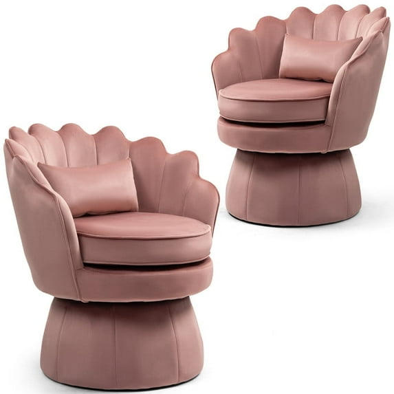 Newnno 360° Swivel Accent Chairs Set of 2, Mid-Century Modern Velvet Barrel Chair, Comfy Shell Shape Arm Chair with Lumbar Pillow for Living Room, Bedroom, Office, Pink