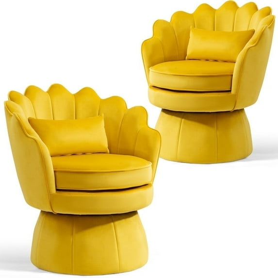 Newnno 360° Swivel Accent Chairs Set of 2, Mid-Century Modern Velvet Barrel Chair, Comfy Shell Shape Arm Chair with Lumbar Pillow for Living Room, Bedroom, Office, Yellow