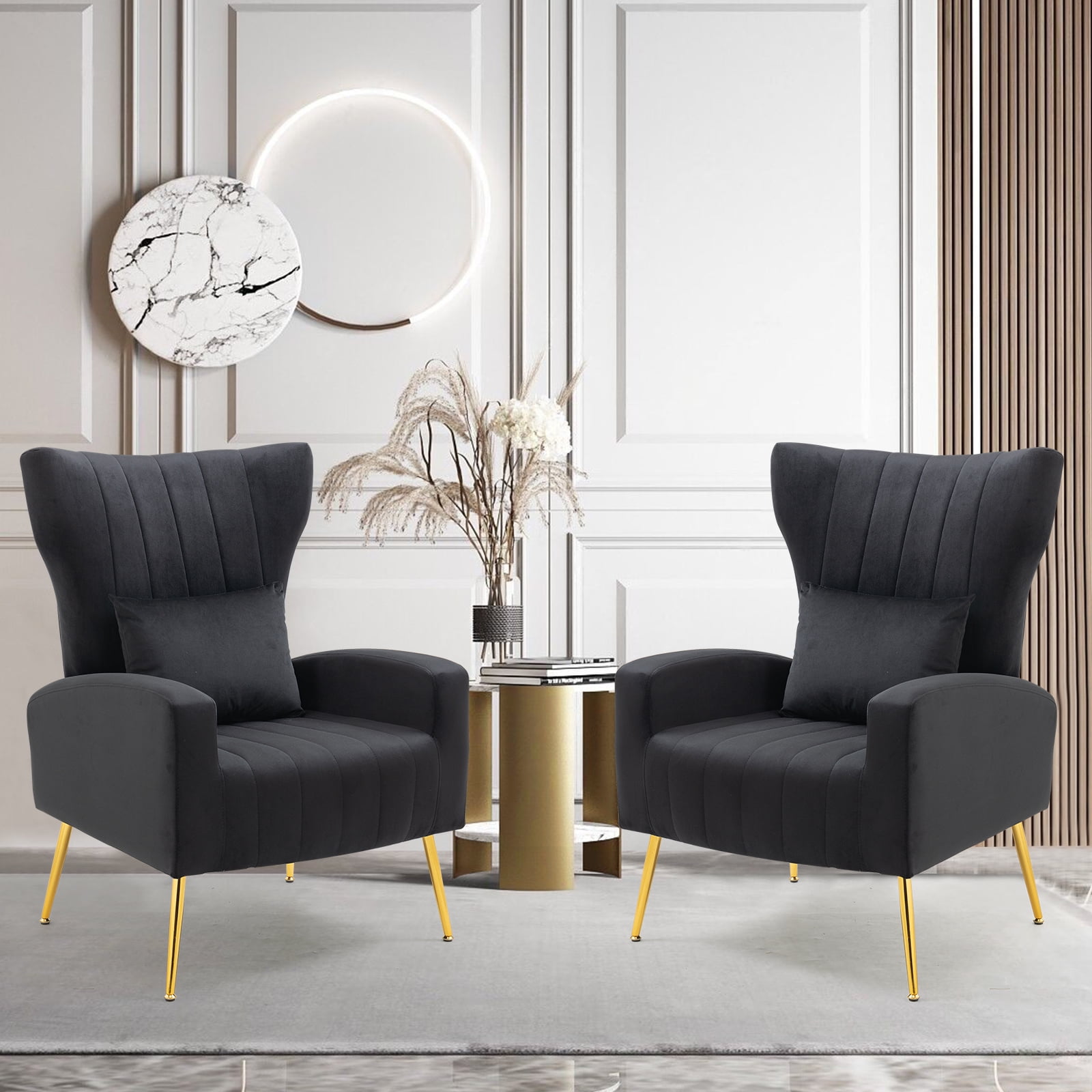 Black Velvet Wingback Accent Chair Set with Gold Legs