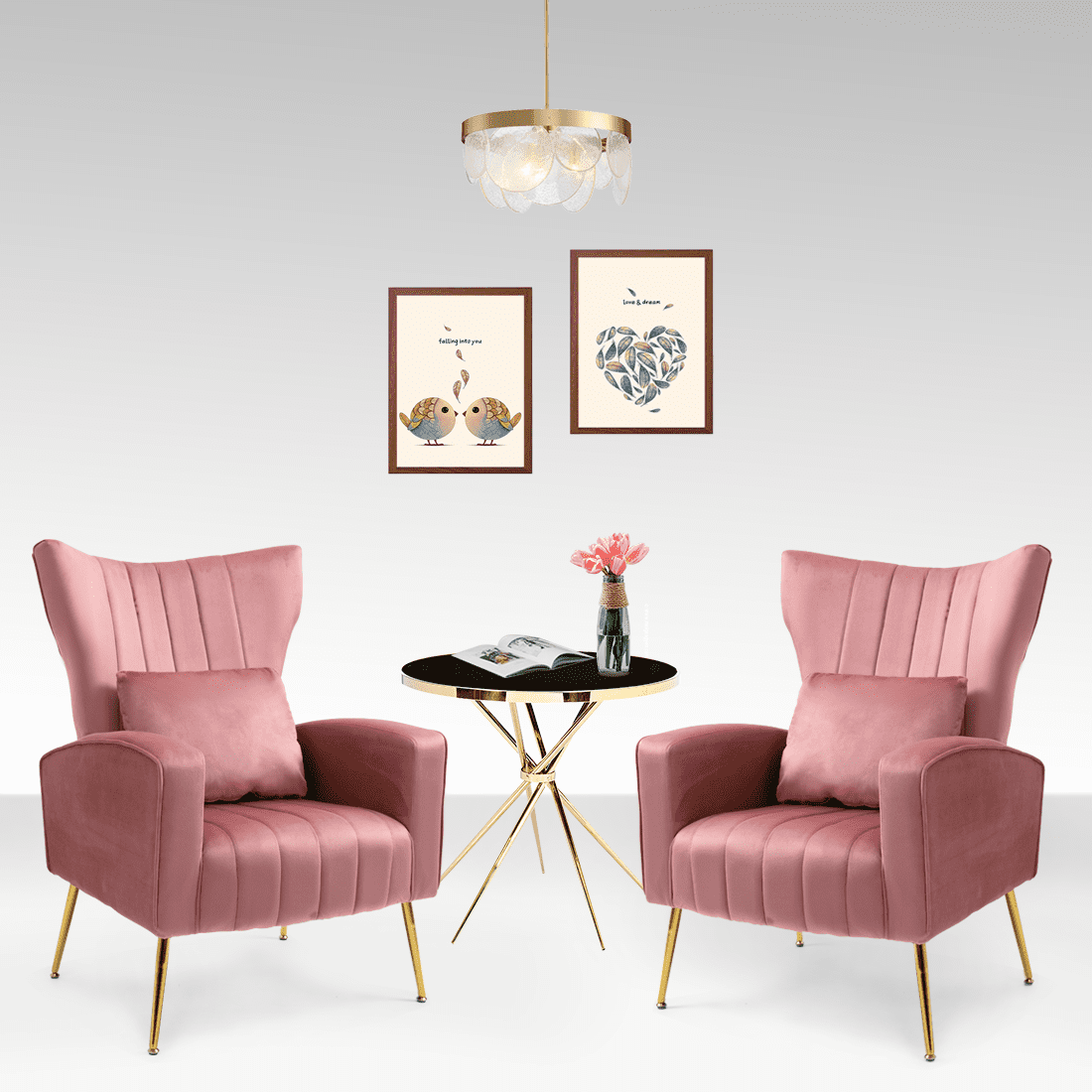 Newnno Living Room Chairs Set of 2 with Lumbar Pillow, Velvet Accent Chair with High Back Mid Century Armchair for Bedroom with Armrest, Arm Chair with Golden Metal Legs, Pink
