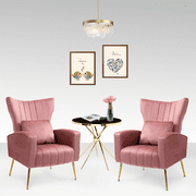 Newnno Living Room Chairs Set of 2 with Lumbar Pillow, Velvet Accent Chair with High Back Mid Century Armchair for Bedroom with Armrest, Arm Chair with Golden Metal Legs, Pink